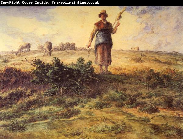 Jean-Franc Millet A Shepherdess and her Flock Watercolour heightened with white